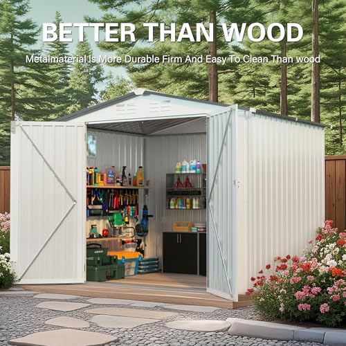 8x6 ft outdoor storage shed, metal garden shed, front angle view
