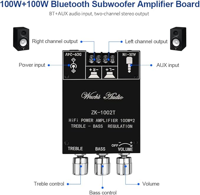 ZK-1002T Bluetooth Amplifier Board 2.0CH 100W*2 Mini Audio AMP - Image 4