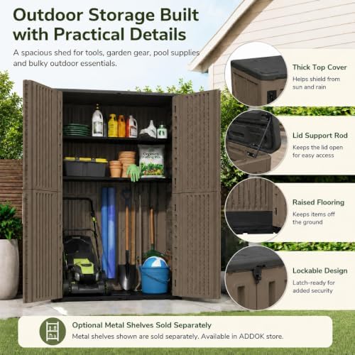 addok 66 cu.ft outdoor storage shed,resin storage cabinet showing dimensions
