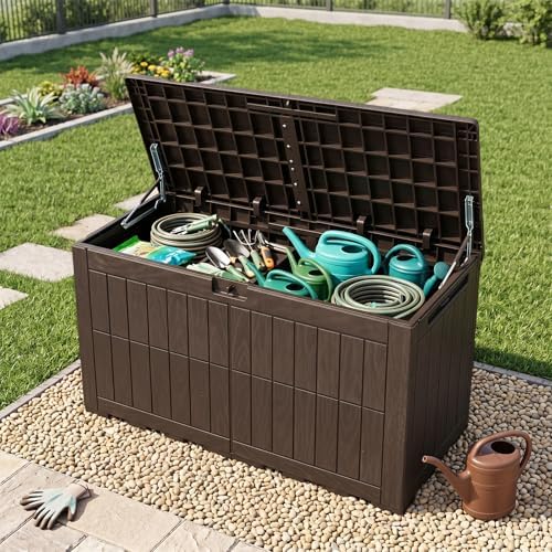 tangkula 120 gallon waterproof outdoor storage box with shown in use