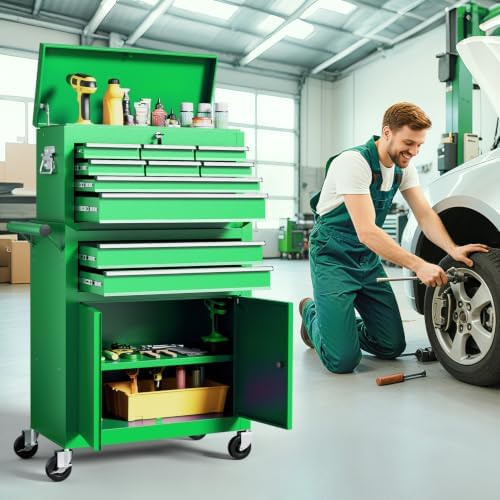 10-drawer rolling tool chest with wheels, lockable 2-in-1 shown in use