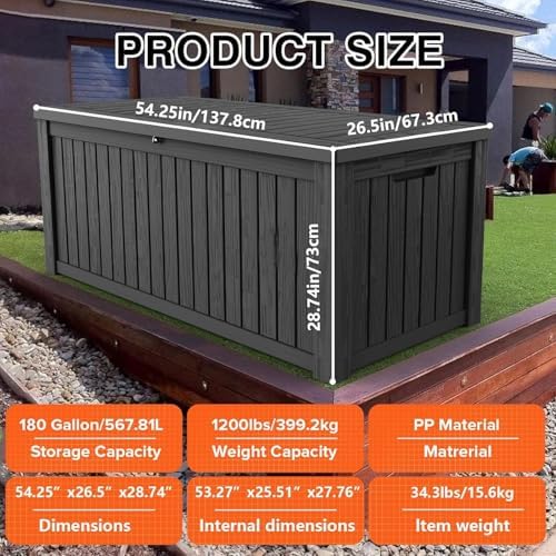 180 gallon resin deck box, waterproof outdoor storage shown in use