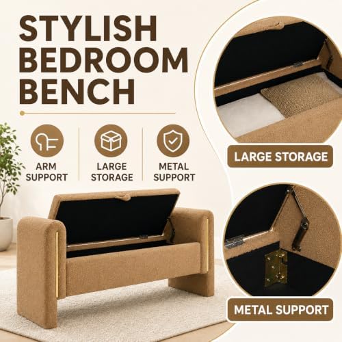 52" upholstered storage bench, brown, armrests, wood frame, side view