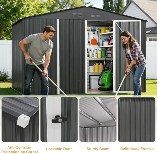 12ft dark grey outdoor storage shed, metal waterproof on a desk or shelf