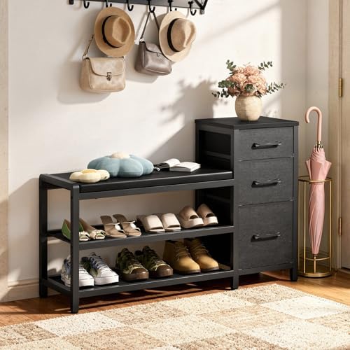 yatiney entryway bench with shoe storage, 3-tier shoe shown in use