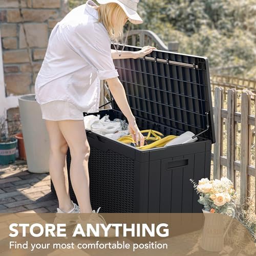 devoko 100 gallon waterproof deck box, resin large, front angle view