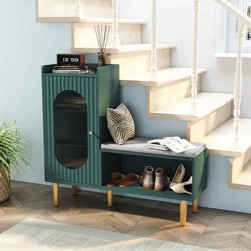 hlr shoe storage bench with glass door&shelf, l-shaped, side view