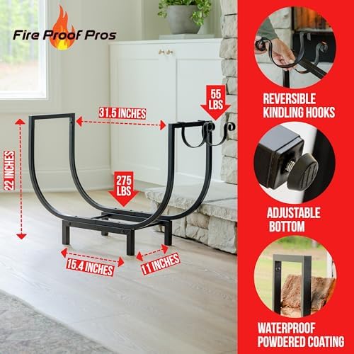 fireproof pros 32 inch curved firewood rack, black, close-up detail