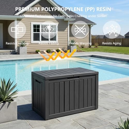 outdoor storage box, 50 gallon waterproof deck box showing dimensions
