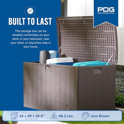 plastic development group outdoor deck box, soft close, side view