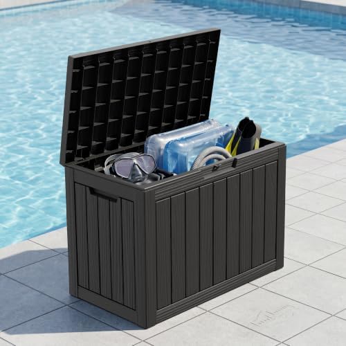 outdoor storage box waterproof, 45 gallon deck box on a desk or shelf