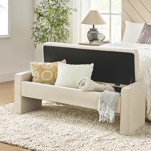55" modern upholstered storage bench with tufted seat, close-up detail