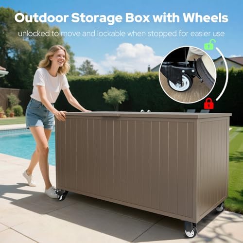 150 gallon outdoor storage box with wheels, metal shown in use
