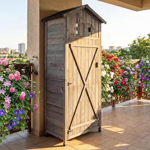 ironmax outdoor wooden storage shed with folding table, front angle view