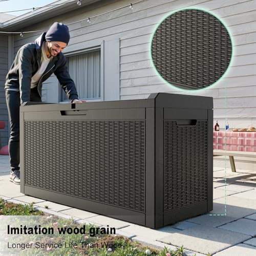 waterproof outdoor storage box, 70 gallon lockable deck, front angle view