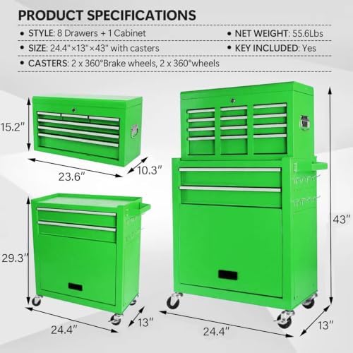 8-drawer rolling tool chest with detachable top tool, close-up detail