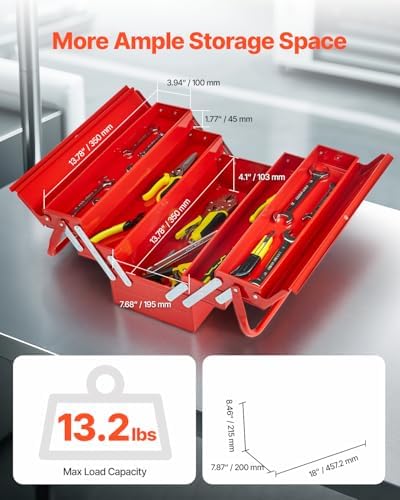 vevor metal tool box, 18-inch, 3-tier 5-tray portable shown in use