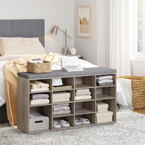 dinzi lvj shoe storage bench with cushion, 16-cubby on a desk or shelf
