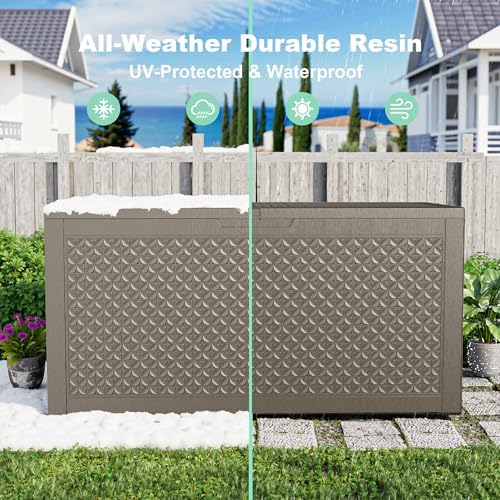 outdoor waterproof resin storage deck box lockable outside on a desk or shelf