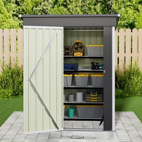 jummico metal outdoor storage shed 5 x 3, front angle view