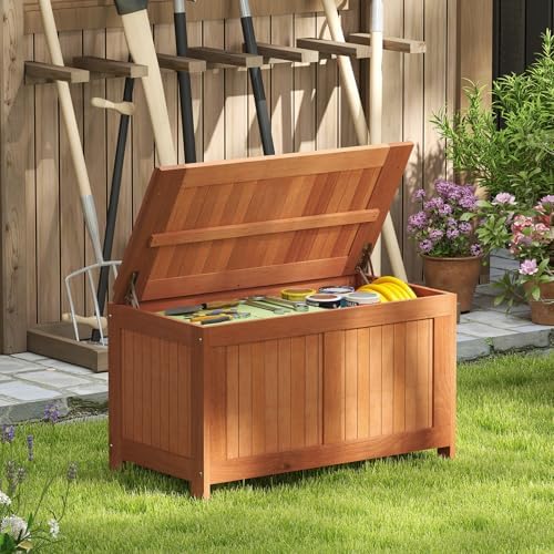 happygrill outdoor wood deck box with flip top, close-up detail