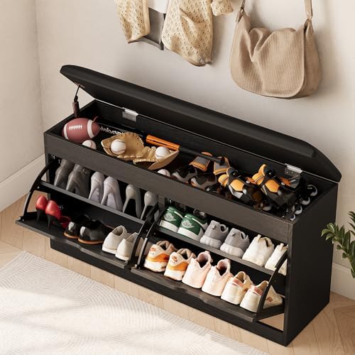 40" shoe storage bench with flip drawers padded, front angle view