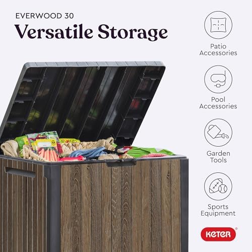 keter premium everwood 30 gal outdoor storage box showing dimensions