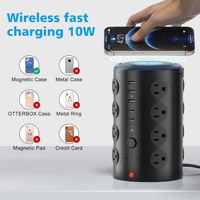 Tower Power Strip with 15W Wireless Charger, 15FT Extension Cord with Multiple - Image 2