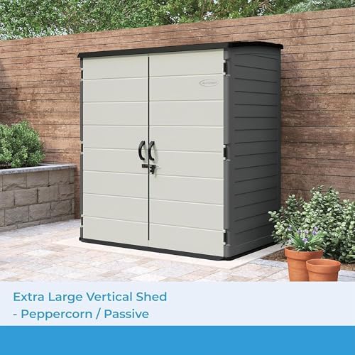 suncast xl vertical storage shed, 106 cu ft, front angle view