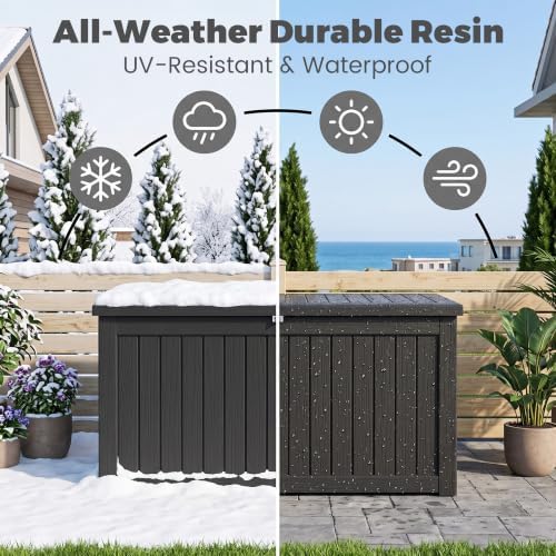 300 gallon outdoor storage box waterproof, lockable resin, front angle view