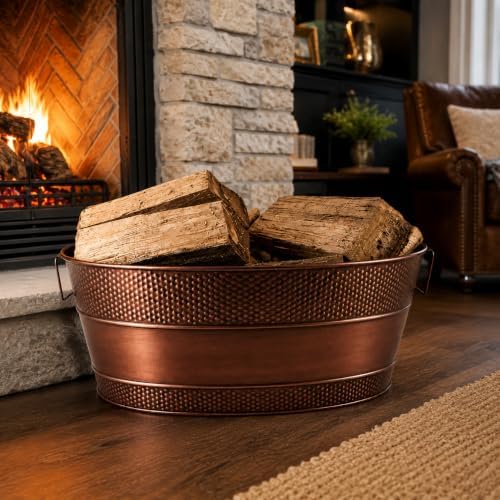 brekx copper galvanized firewood storage bin with handles shown in use