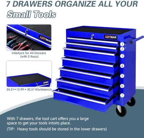7 drawers rolling tool chest on wheels, multifunctional showing dimensions
