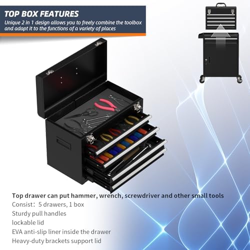 5-drawer high capacity rolling tool box, removable cabinet, side view