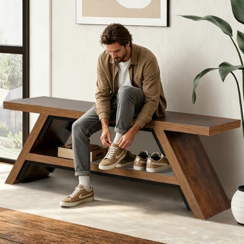 2-tier shoe storage bench, 55" large solid wood, package contents