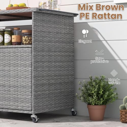 tangkula rattan outdoor storage cabinet with 4 wheels showing dimensions