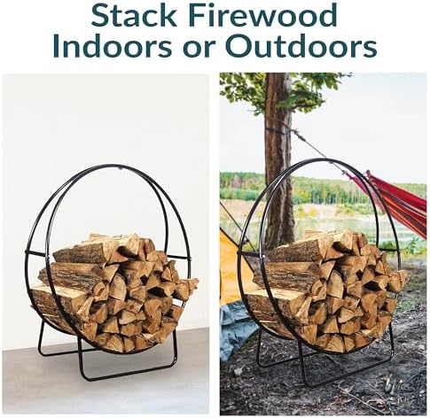 sunnydaze outdoor firewood rack, heavy-duty steel, 48” diameter, close-up detail