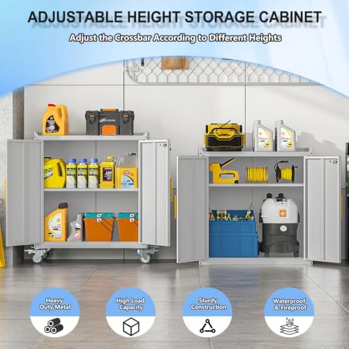 35.6" rolling metal garage storage cabinet with wheels showing dimensions