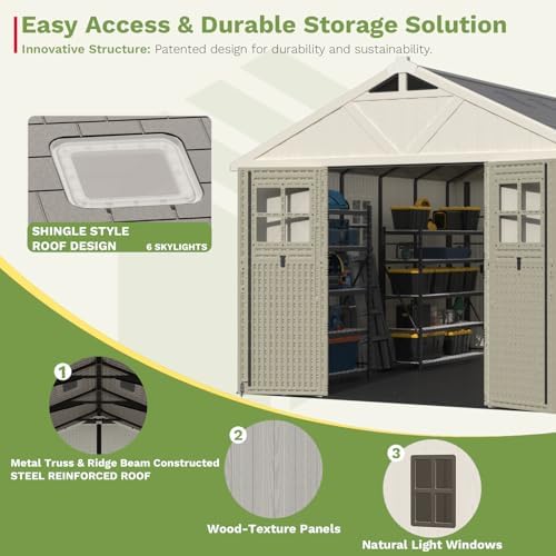 patiowell 10x12 ft resin outdoor storage shed with showing dimensions