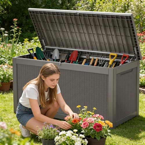 350 gallon extra large outdoor storage box，resin waterproof, front angle view