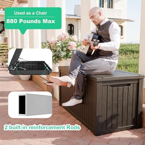 180 gallon deck box, waterproof resin outdoor storage, side view