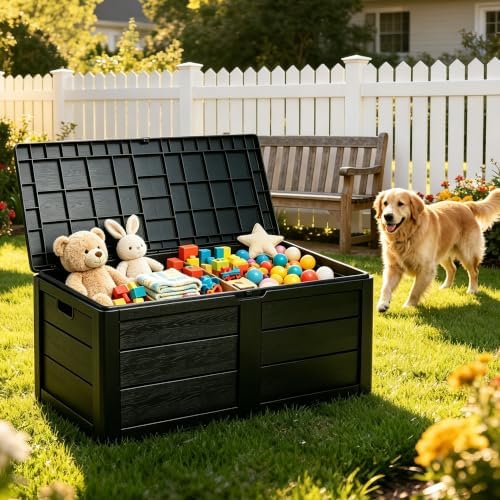 70 gal outdoor storage box, waterproof deck box shown in use