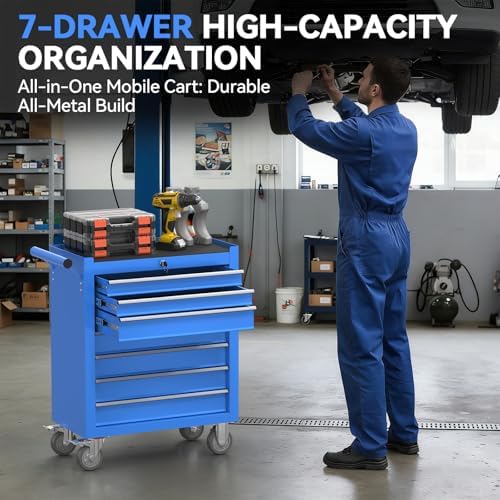7-drawer rolling tool chest with wheels, metal tool shown in use