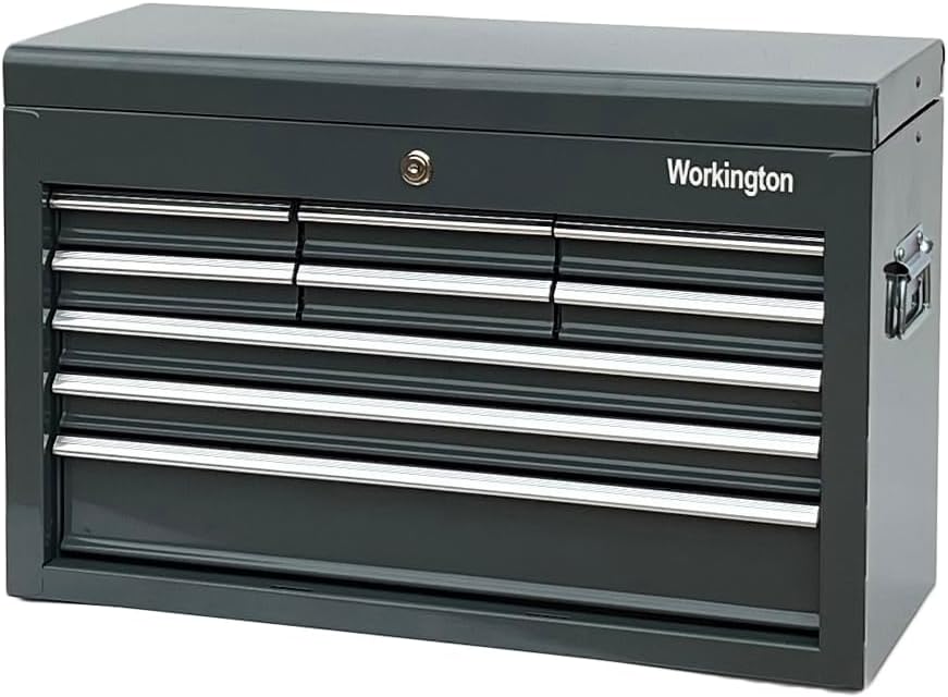 workington portable metal tool chest with 9 drawers on a desk or shelf