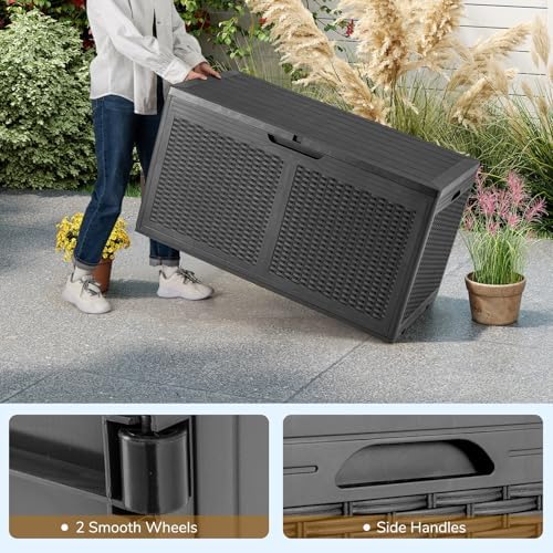 tangkula 100 gallon outdoor storage box, lockable outdoor, side view