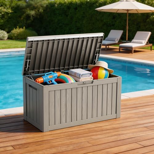 mars villa 80 gallon deck box, outdoor storage, side view