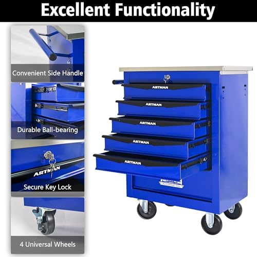 6-drawer rolling tool chest, blue & black modular, front angle view