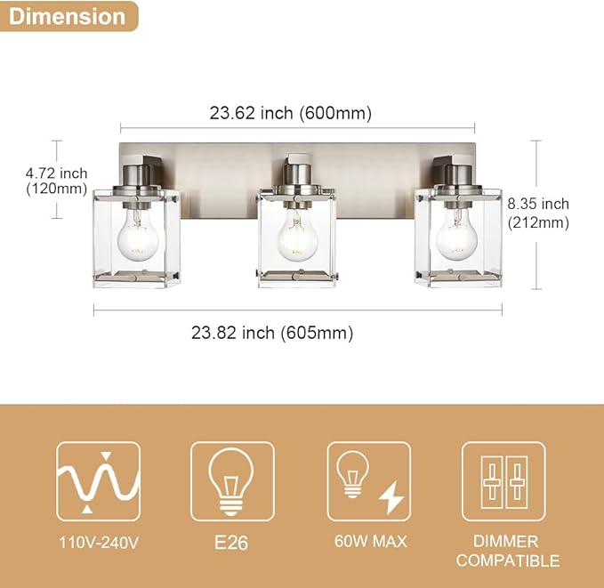 WINSHEN 3-Lights Bathroom Wall Light Fixtures E26 Bulb Base, Brushed Nickel - Image 3