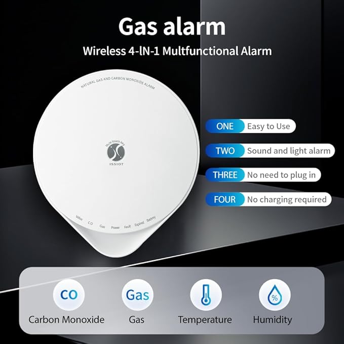4-in-1 Carbon Monoxide Detector, Wireless Battery CO and Gas Alarm - Image 2