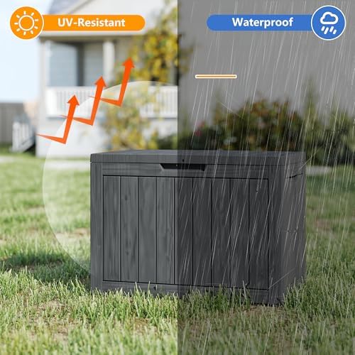 35 gallon deck box outdoor cushion storage waterproof shown in use