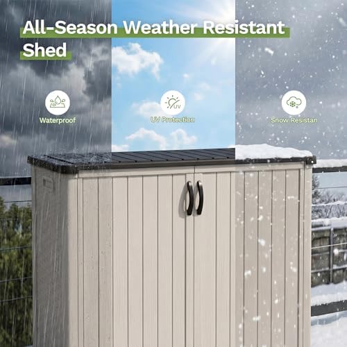 patiowell 50 cu.ft plastic vertical outdoor storage shed showing dimensions